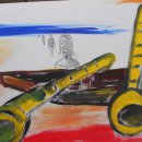  Stilleben mit 2 Saxophonen, Boot und mehreren Ankömmlingen. Acryl auf Leinwand, 2015